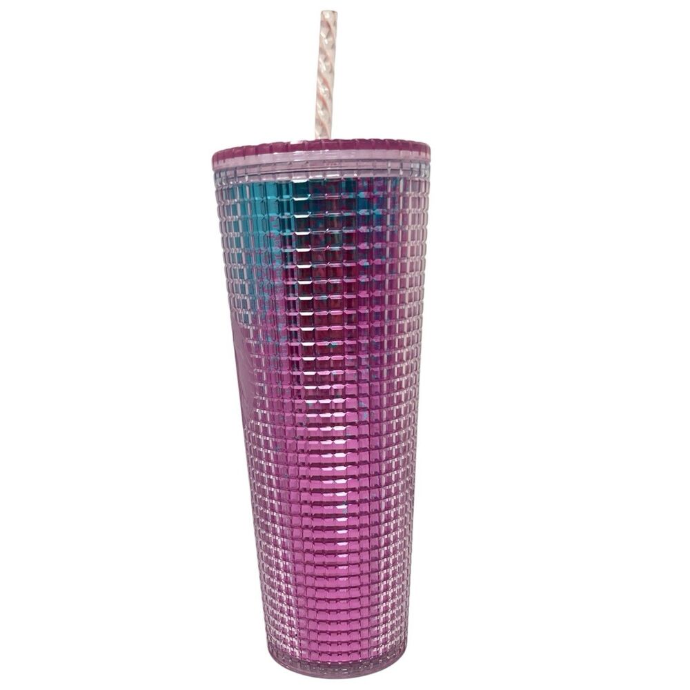 Starbucks Tumbler 24oz Pink Blue Ombre Grid Cold Cup Straw Reusable 2021 New - Picture 2 of 8
